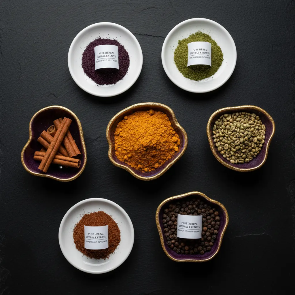 Flat-lay of dried botanical herbs and spice powders used in plant-based supplements for energy and wellbeing