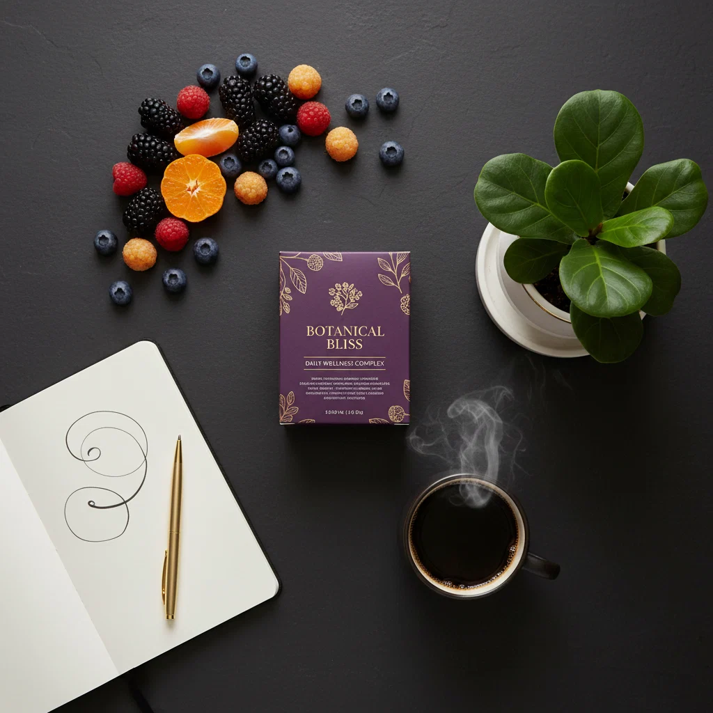 Morning wellness routine flat-lay - supplement box, coffee, notebook and fresh fruit on marble surface